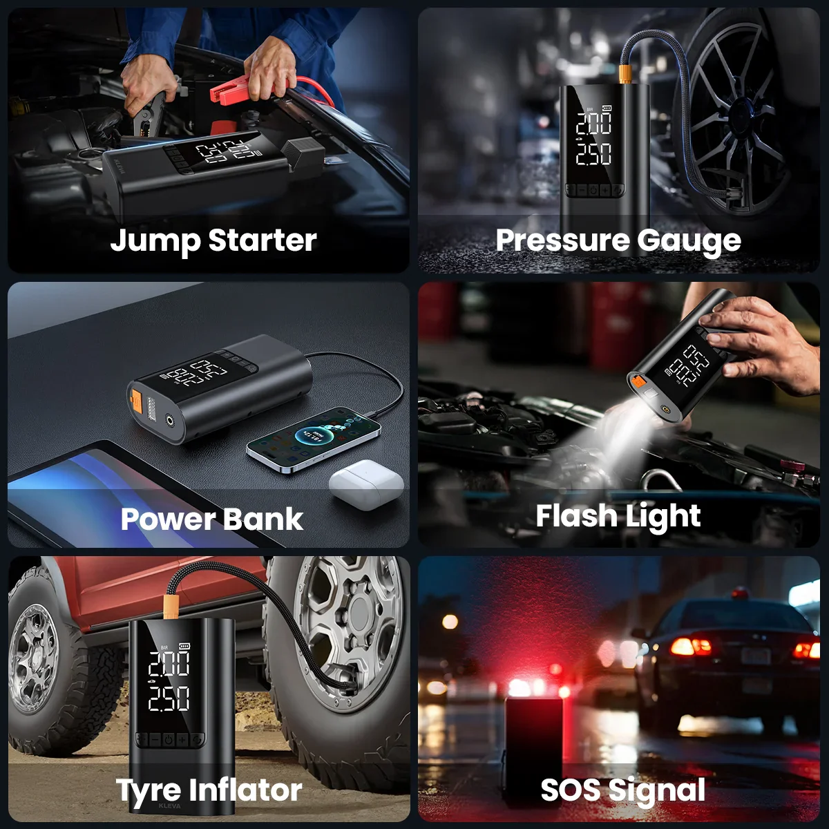 Kleva 6-in-1 Car Jump Starter & Air Compressor 6000mAh Power Bank - Image 10
