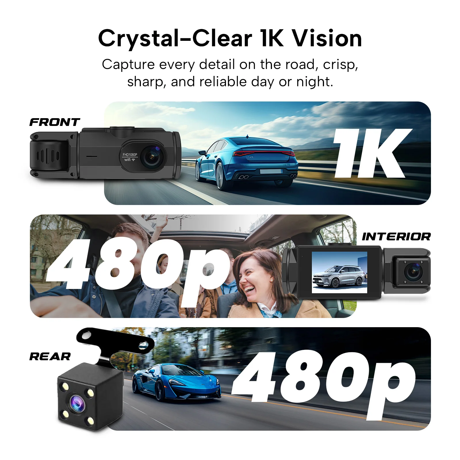 KLEVA® Dash Cam X – Front, Interior & Rear Dash Camera - Full HD Car Recorder + 16GB SD Card - Image 4