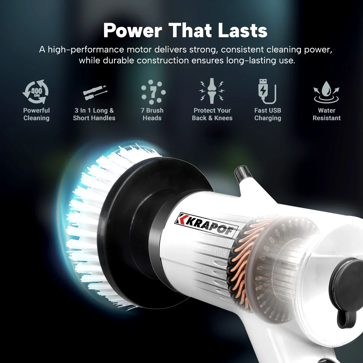 KRAPOF® Electric Cordless Tough Scrub Excel Pro with 7 Replaceable Cleaning Heads - Image 11