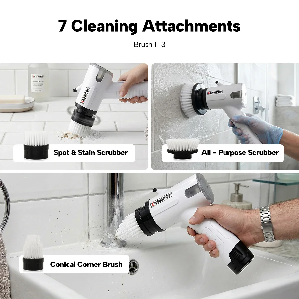 KRAPOF® Electric Cordless Tough Scrub Excel Pro with 7 Replaceable Cleaning Heads - Image 8